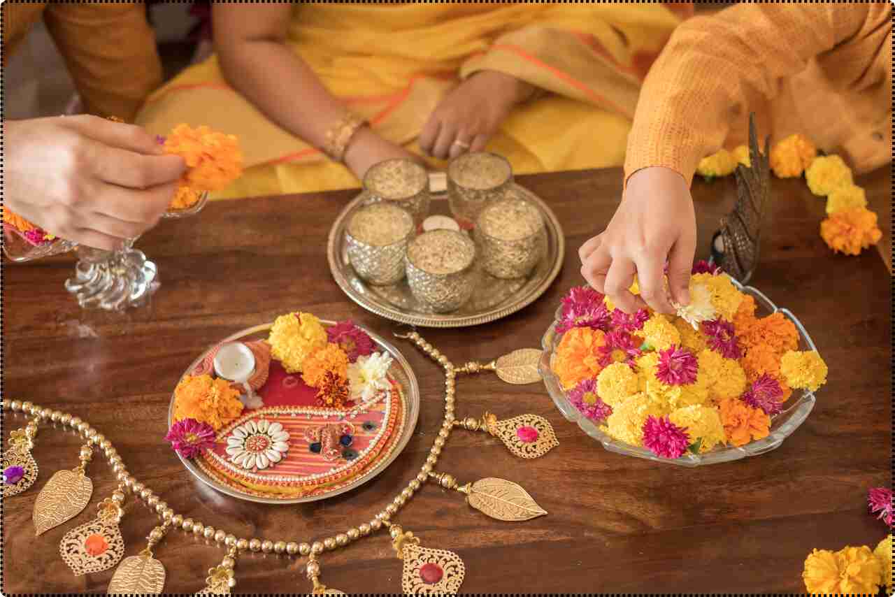 Traditional Puja items arranged neatly on a decorated table in the home